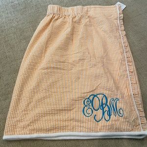 Bella towel wrap, girls orange, white, and blue wrap with EMB monogram, NWT